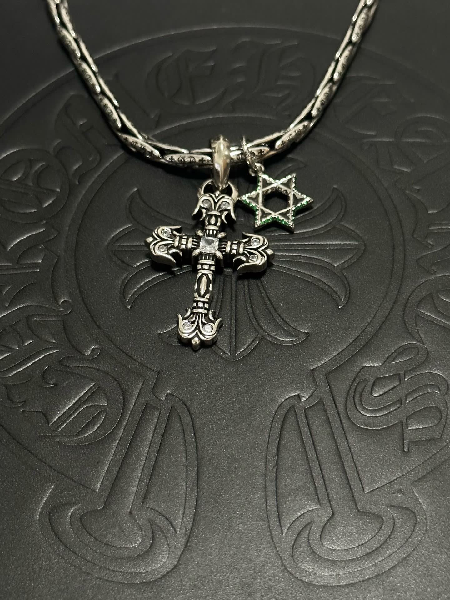 Chrome Hearts Silver Cross and Star of David Pendant Necklace